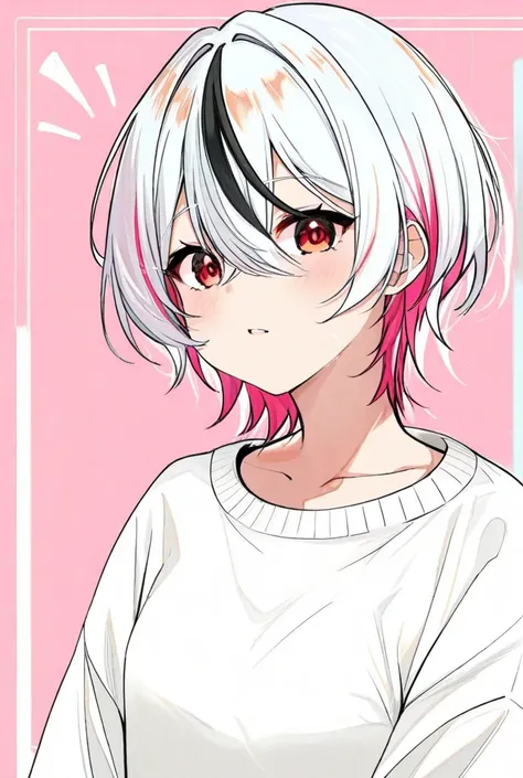 A boy in a white sweater, two color hair.
