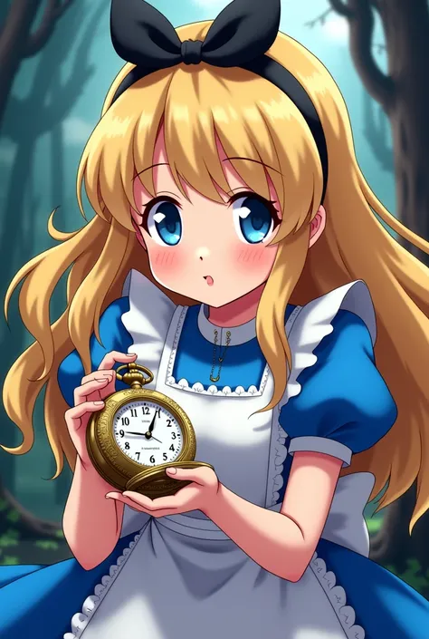 I draw Alice from Wonderland holding a hypnotic watch from the thread and rocking it, in anime style
