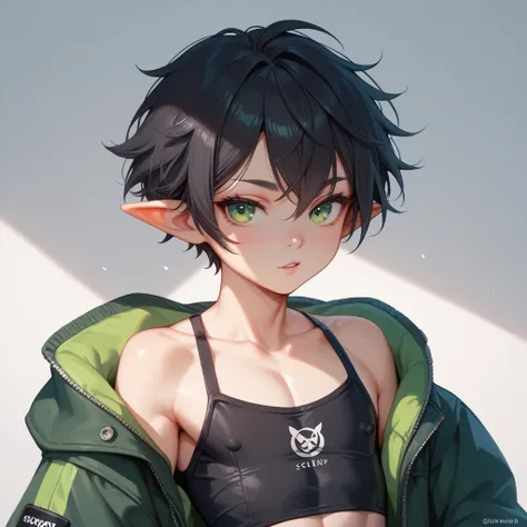 A young femboy in the color Gray, sexy y sensual, short dark hair,   pointy ears jacket, giving it a more mischievous air,  green eyes , light clothing showing a little of your chest