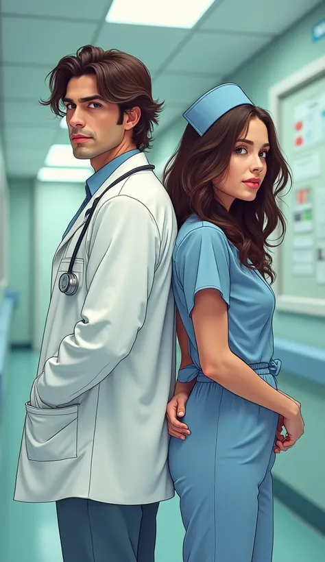  in a hospital , Back to back ,  a man in a white doctor's coat, Hispanic origin ,  medium length hair, brun,  a woman who looks like the actress Gal Gadot, Dressed as a nurse.   The woman has her fingers crossed behind her back, He looks behind his should...