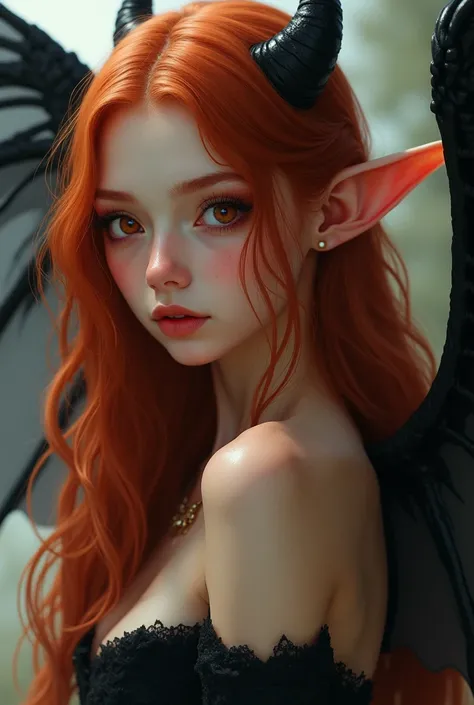  girl, she has long red hair and slightly tanned skin, reddish-brown eyes, she has vaguely arched ears, and black membranous wings.