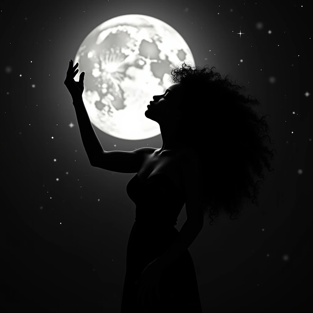 Black female silhouette with long curly hair kissing the full moon