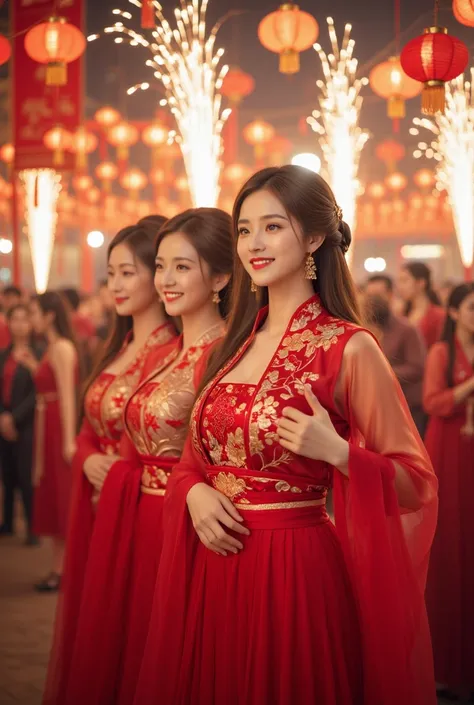 pretty girls in red extravagant dress hanfu, at chinese new year celebration at its finest, with lanterns, firecrackers, fireworks, , uhd, 64k, best quality, dramatic, taken with canon eos r8,