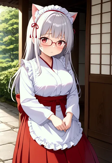 1 person、 lori、(:1.1)、Petite、Big Breasts、 Princess Cut、 long hair、(Gray Hair:1.2)、 red eyes、Cat ears、Cat tail、White cat、Shrine maiden、(Shrine maiden服:1.2)、 White Kimono 、( white knee high:1.3)、(Shrine maiden服の上に白いエプロンドレス:1.1)、White Prim、( hakama short skir...