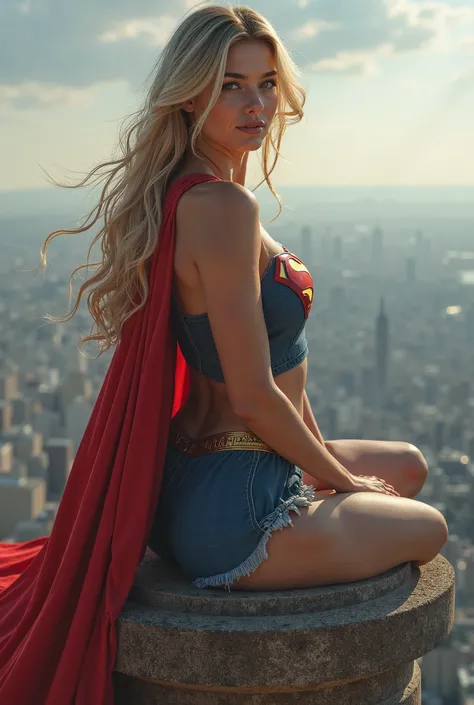 Sensual Supergirl on top of a tower,  very detailed, Hyperrealism 