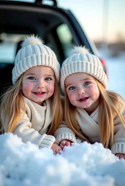   4-month-old newborn twins with green eyes and long blond hair,  foreground,both se ven diferentes el uno del otro, elegant,   perfect face ,  elegant,both, realistic,     very beautiful,  handsome ,snowy, Background of a car in the desert in the snow wit...