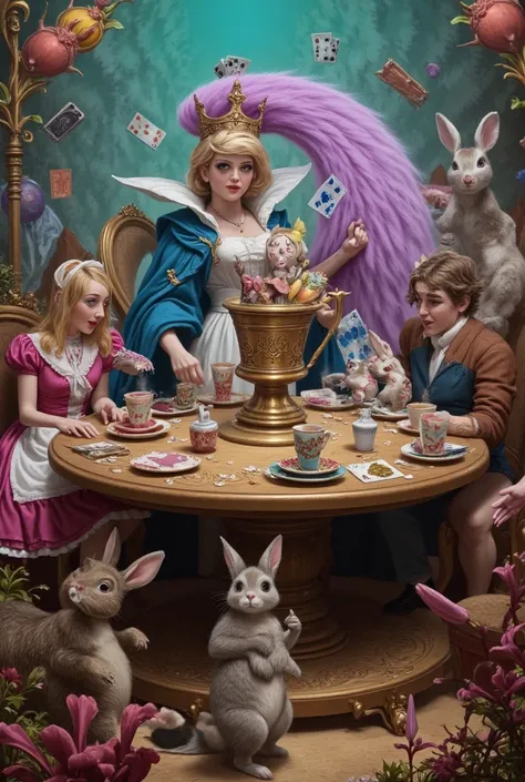 All the characters from Alice in Wonderland seated at a dining table with the Queen of Cups seated in the center