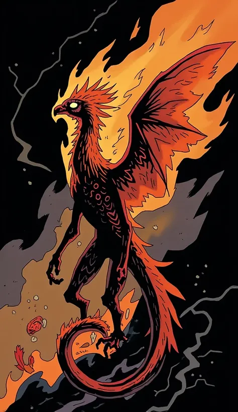 mike mignola style - a humanoid phoenix monster with fire wings 