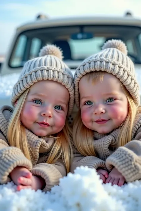   4-month-old newborn twins with green eyes and long blond hair,  foreground,both se ven diferentes el uno del otro, elegant,   perfect face ,  elegant,both, realistic,     very beautiful,  handsome ,snowy, Background of a car in the desert in the snow wit...