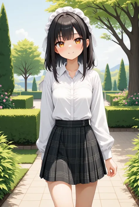 Anime style, Woman white shirt, plaid mini skirt standing in garden