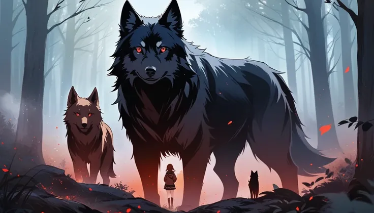 a forest backround with a littlIt has a , a black wolf pup with red eyes next to her and two giant wolves around those two, the girl has brown hair and red eyes, mysterious, mist, zoomed out