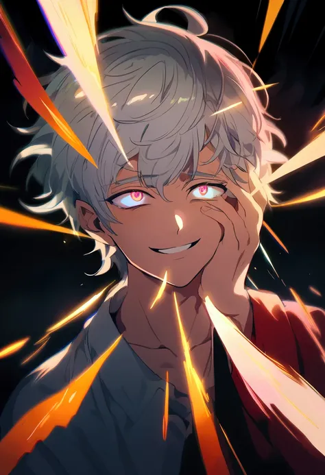  A young man with platinum hair smiling ironically, left hand covering half of his face ,  shiny heterochromatic eyes ,  expression of madness,  anime style, Dark background with light rays