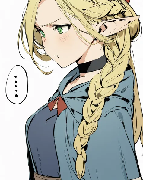 masterpiece, best qualityï¼ ï¼pointy ears, braid, solo, green eyes, ..., elf, blonde hair, white background, choker, 1girl, long hair, hair over shoulder, simple background, single braid, spoken ellipsis, :t, upper body, robe, pout