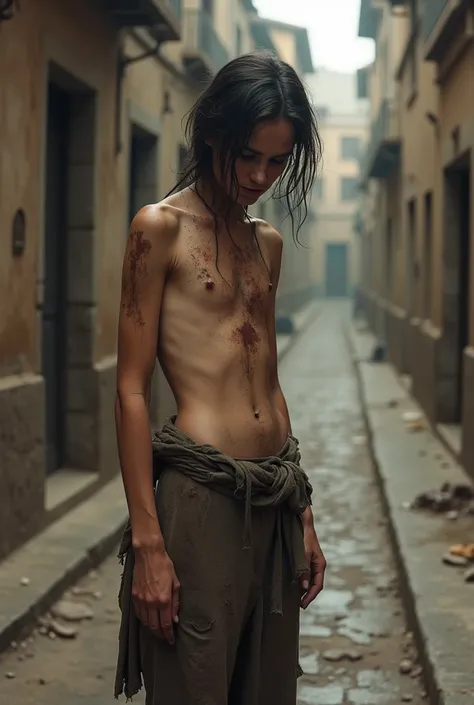 Naked young female slave, realistic photo, medieval street detailed background, exhausted, dirt on skin, slouching, hungry starving, torn worn clothes