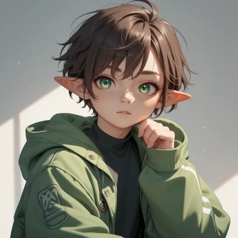 A young brunette femboy, sexy y sensual, short dark hair,   pointy ears jacket, giving it a more mischievous air,  green eyes ,  light clothing