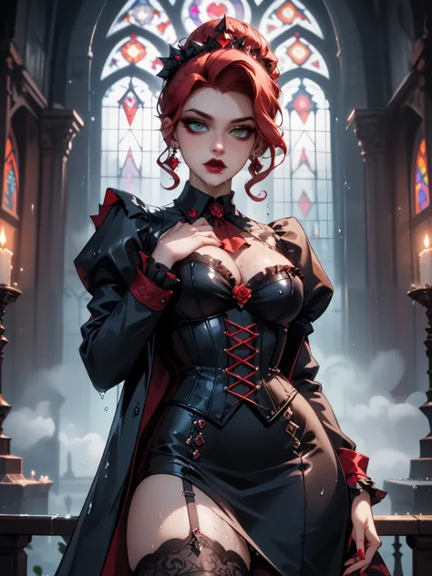 Emo vampire lass stands dramatically against rain-soaked Gothic cathedral backdrop, hair wild and wet with
dripping red hues, cascading like crimson waterfall down back. She wears long black coat torn at hem, exposing
third-size curves beneath intricate la...