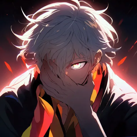  A young man with platinum hair smiling ironically, left hand covering half of his face ,  shiny heterochromatic eyes ,  expression of madness,  anime style, Dark background with light rays