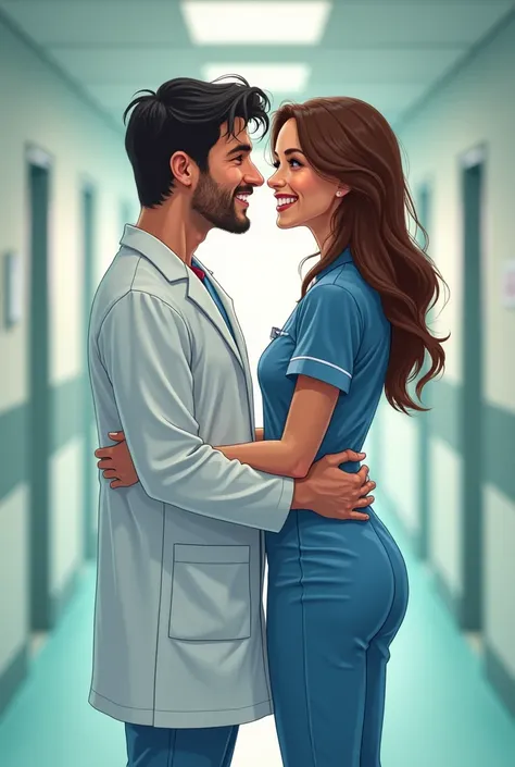 Couple illustration, dans un couloir d'hôpital, en tenue de médecin et d'infirmière. ils sont de dos a la photo, avec le visage tourné souriant lui à son bras autour de sa taille et la main sur la fesse. Lui est médecin, d'origine espagnol, bad boy, beau g...