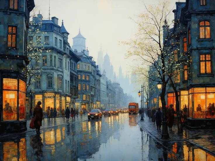 Oil painting. Oil on canvas. (Impressionist style:1.5) of Unter den Linden in Berlin on a foggy, rainy spring evening. pov from sidewalk looking diagonally across road. Line of cars and trucks in both direction.  hesdlightd and tail lamps. Pedestrians walk...