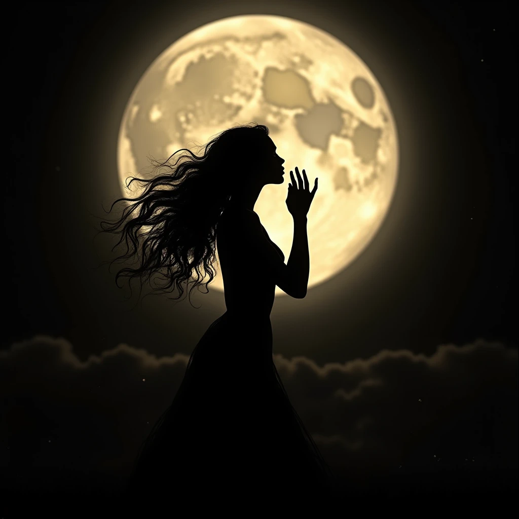 Black female silhouette with very long curly hair kissing the full moon