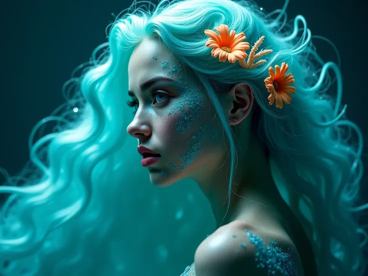 Her aquamarine skin sparkles with a bioluminescent glow, and her hair flows like a cascade of seafoam, adorned with coral 