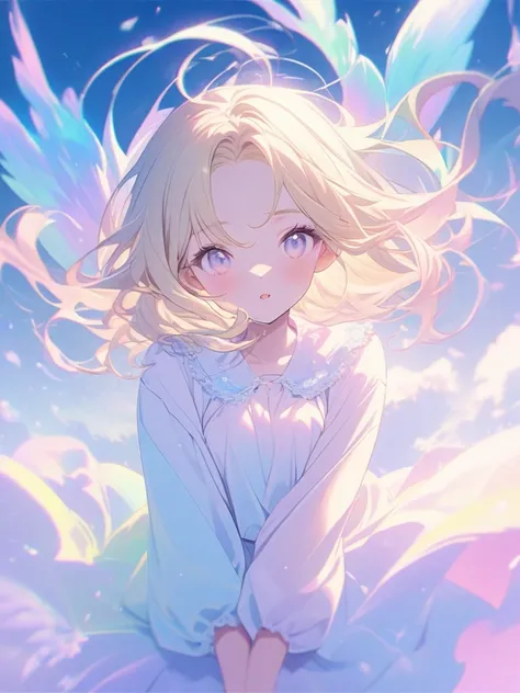 An image of a blonde with an expanded aura in pastel colors and an aura of peace and joy and lightness