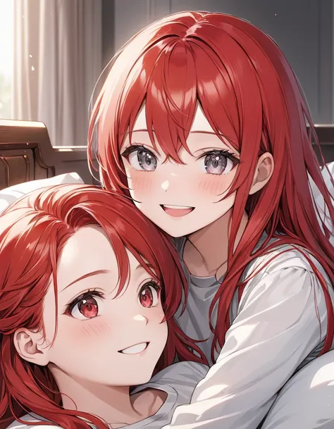 masterpiece,ultra-detailed,best quality,8K,illustration,cute face,clean skin ,shiny long red hair,girl,ultra-detailed-eyes, silver eyes girl, With boyfriend He is a man with red hair, They play the war of pillows and they laugh 