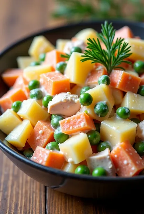 "A traditional Russian Olivier salad in a bowl, consisting of very finely diced boiled potatoes, carrots, pickled cucumbers, and green peas, with small pieces of boiled chicken added. The salad is generously coated in creamy mayonnaise dressing, with the v...