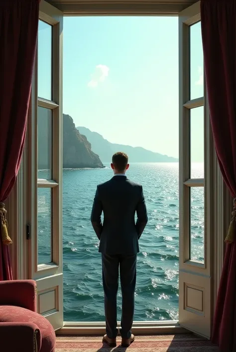 Create an image of a man watching sea through the window of a mansion