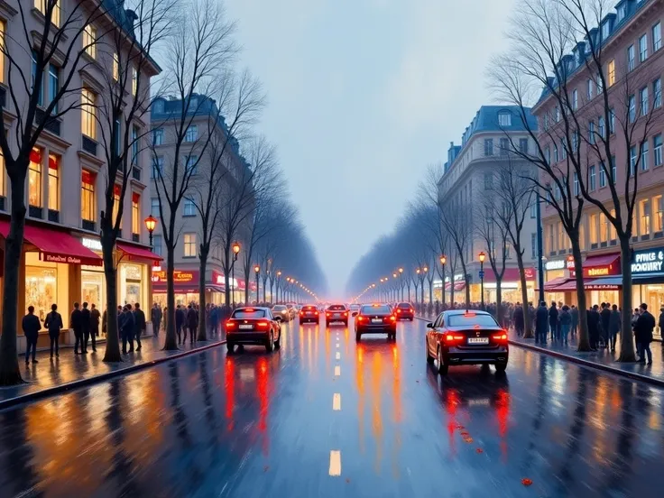 An impressionist style oil panting of Unter den Linden in Berlin on a foggy, rainy spring evening. late evening. A traffic Line of cars and trucks in both directionsf.  hesdlightd and tail lamps. Pedestrians walking on sidewalks. inviting signs and warm co...