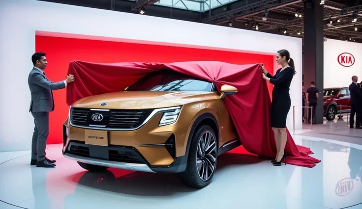 (2025 Kia EV9) ewith a bold front grille and hood scoops is being unveiled indoors in a sleek, modern bright showroom with glossy white floors and reflective surfaces. Two people, a man in a grey suit and a woman in a black dress, are pulling back a large ...