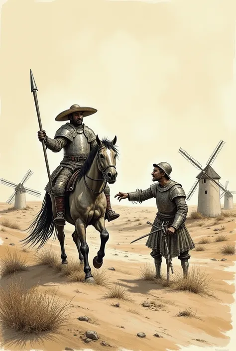 You can make a drawing in which Don Quixote de la Mancha appears with Sancho Belly I want you to do where Don Quixote fights with windmills thinking they were giants. The scene I want you to do something like in a desert or in a field, it can be placed in ...