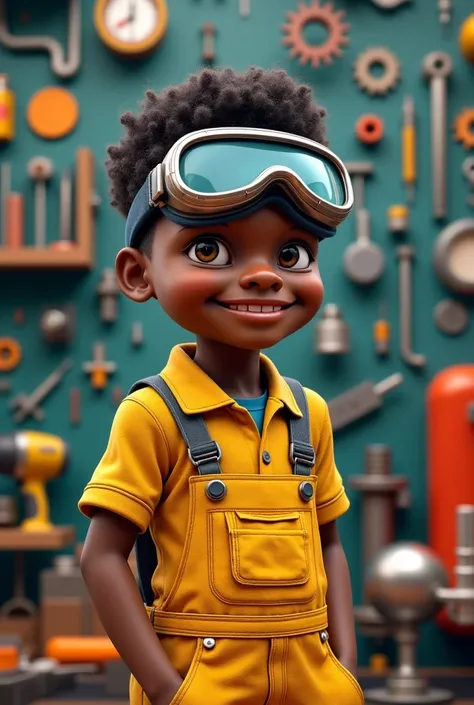 A black boy in yellow overalls and inventors googles