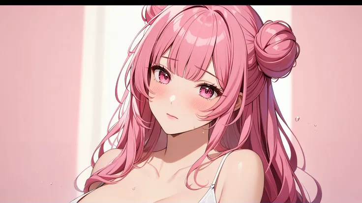  top quality　  Masterpiece  　 high definition 　  Masterpiece  　 pink long hair, curly hair,　　  pink Eyes 　, twin bun bun hair, straight bangs, huge breast,  blushing, plain backround, no backround, white backround, make up, adult, pink backround, long curl...