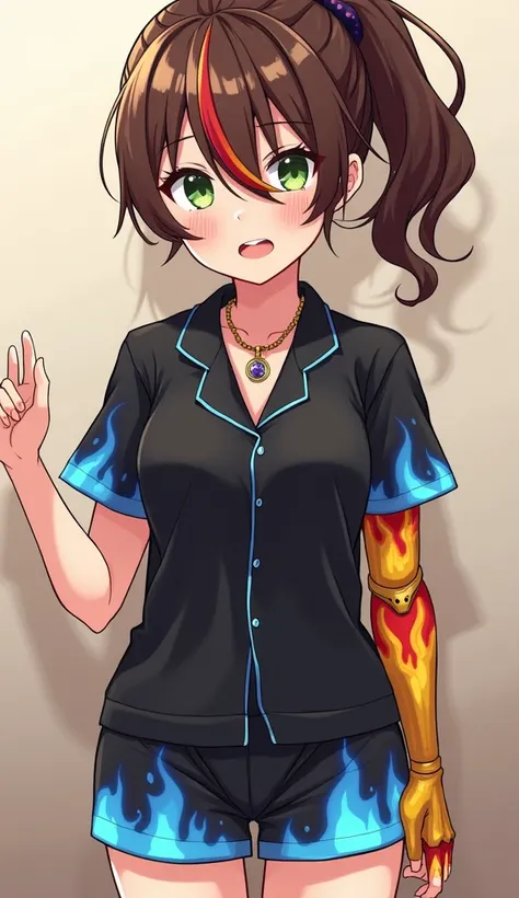 Anime tomboy brown ponytail hair right eye covered by red, orange, and yellow highlights in her hair green left eye blue fire charm necklace with ruby black short sleeve pajamas with blue flames over the chest and shoulders busty gold prosthetic right fore...