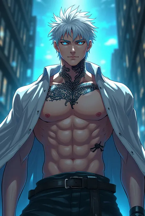 A tall, muscular man, shirtless, has blue eyes and white hair. With an emotionless expression. Has a dragon tattoo on his neck. Anime style.