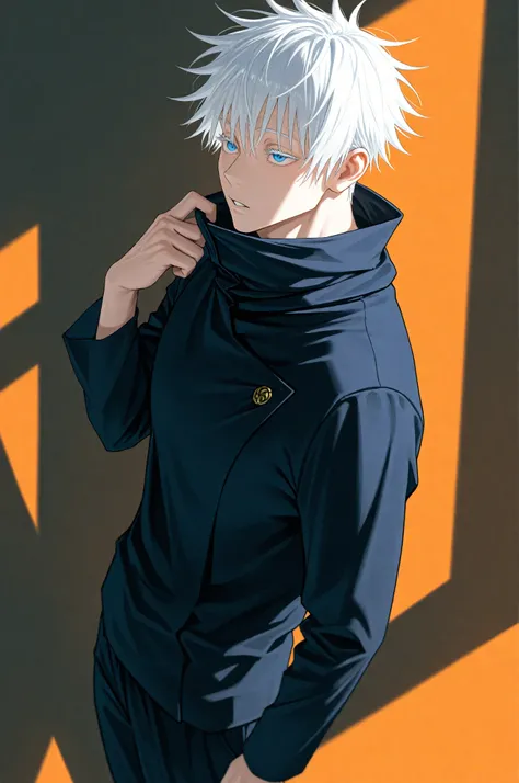 (masterpiece, best quality), best score, amazing quality, very aesthetic, absurdres, highres, newest, HDR, 8K, high detail RAW color art, 1boy, sleepy, parted lips, blindfold around neck, gojou satoru, jujutsu kaisen, blue eyes, white eyelashes, white hair...