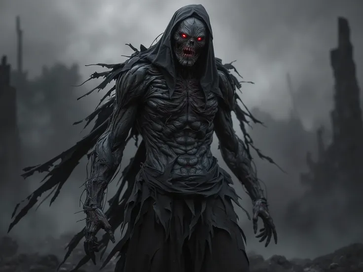 Zombie,in the black hood,black ripped mantle,black torn windings on the body, on ash wasteland, red eyes,black skin