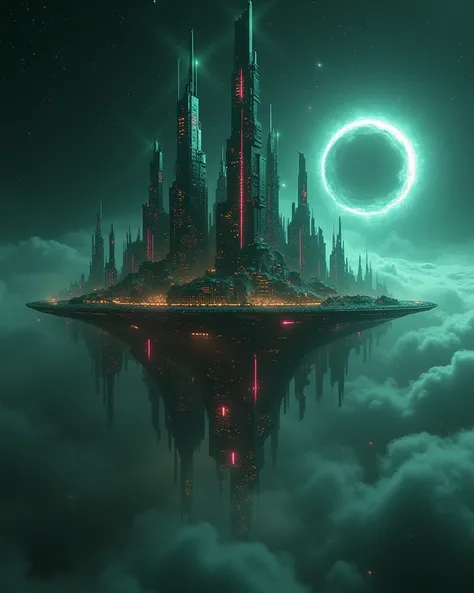 Year 6666, ghost city covered in deep red and green neon lights floats in a dark matter above the black hole, sinked in the ocean of dying stars endless universe.