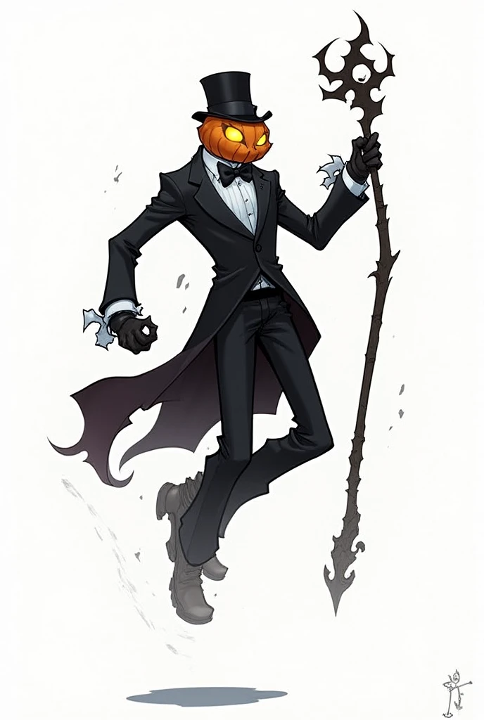 jakkRo, top hat, pumpkin head, black pants, glowing eyes, suit, long sleeves, no human, 
holding staff, solo,
jumping, 
white background,
 