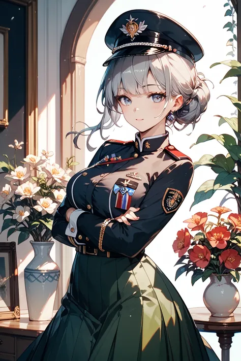 uniform。military cap。 long skirt 。 beautiful woman in a lace dress with 。 small tits。Her breasts are visible。Gray Hair。 hairstyle is short。The color of the clothes is black