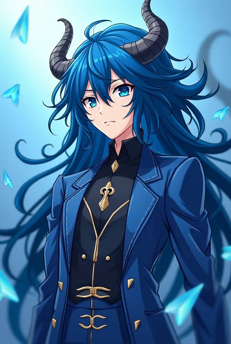 Show me an image of what the demon or prince of hell Leviathan would be like in the anime or manga of Welcome to Demon School Iruma Kun or Mairashita Iruma Kun. Is Leviathan a humanoid demon, Half human half sea dragon, has long blue hair and has black eye...