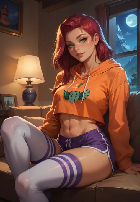 1girl, Starfire, Teen Titans, orange skin, sitting on a couch, hoodie, silk shorts, thigh highs, sexy pose, lustful, BREAK, night time, mountain cottage, cinematic lighting,