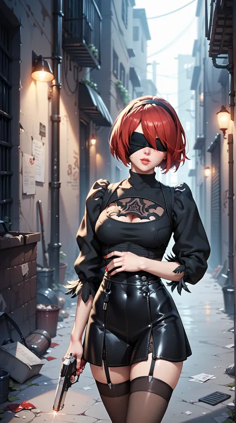 Nier: automata.
 She is in a dark alley holding a 45 pistol.
A red light subtly illuminates the dark alley .