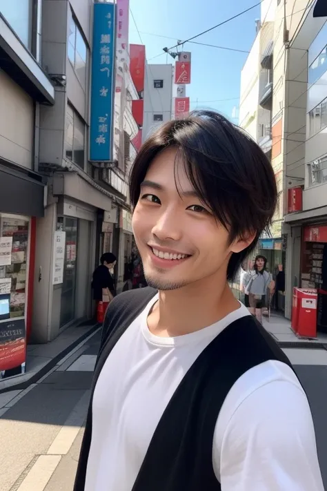  selfie (Selfie)、 angle  (diagonal)、background ( Scenery）、Beautiful Japanese Men、 short dark hair 、Attractive features、 smooth skin、 handsome and cool、 smiling 、Japanese man in his 30s、 muscular and toned body、 kind smile、With a confident look、カメラに向かって smi...