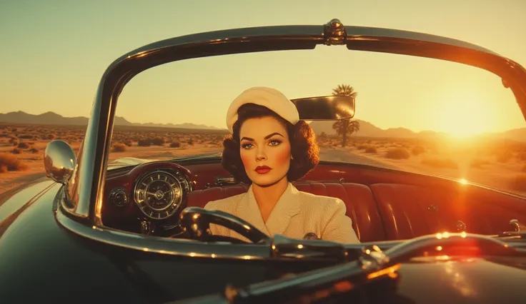 Ava Gardner as Beatrix do, driving a vintage 1950s convertible through a desert highway. Her katana rests on the passenger seat, and her face is focused. The sun sets in the background, casting golden light over the scene