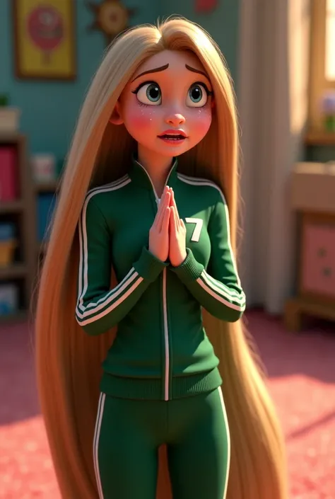 Very pretty Rapunzel,  and with big breasts,   dressed in a green tracksuit with white stripes and the number 07 .very scared, crying leaving drops of water falling from the eyes and hands praying.On the floor of a room with colors on the walls.dreamworks ...