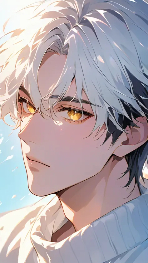 one, eyes, man, soft white sweater ,  yellow eyes,   direct facial treatment  ,  Shaggy and messy white short hair,  color of light black stripes and gradients , sunlight, Warm Light,  anime style