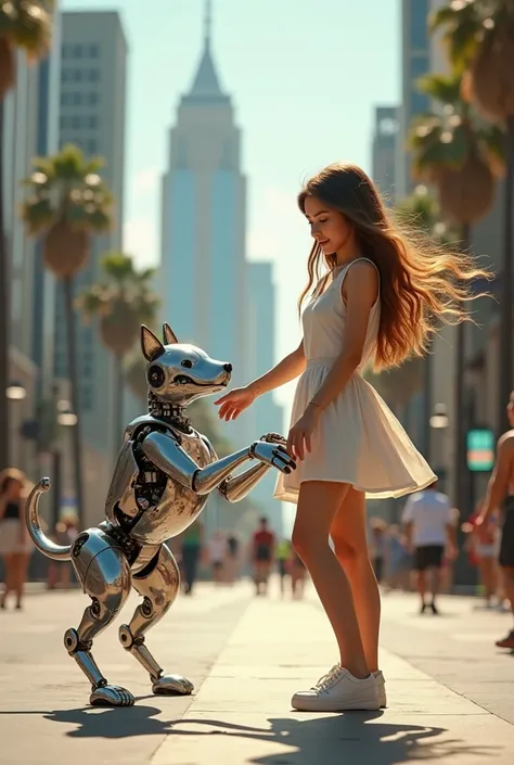 A pretty girl showing off a robotic dog dancing on the streets of Los Angeles 