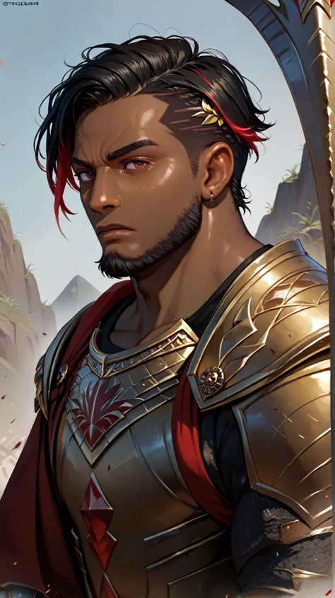 Create a dark-skinned African black man, With short black dread hair with red highlights, with goatee,  with blood red eyes , bronze armor with gold and diamond details and black stones , The man is fighting with swords